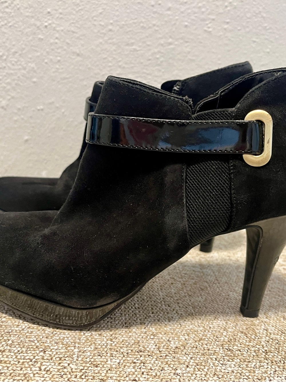 Bandolino Black Suede Ankle Booties with Patent Strap and Gold Accent